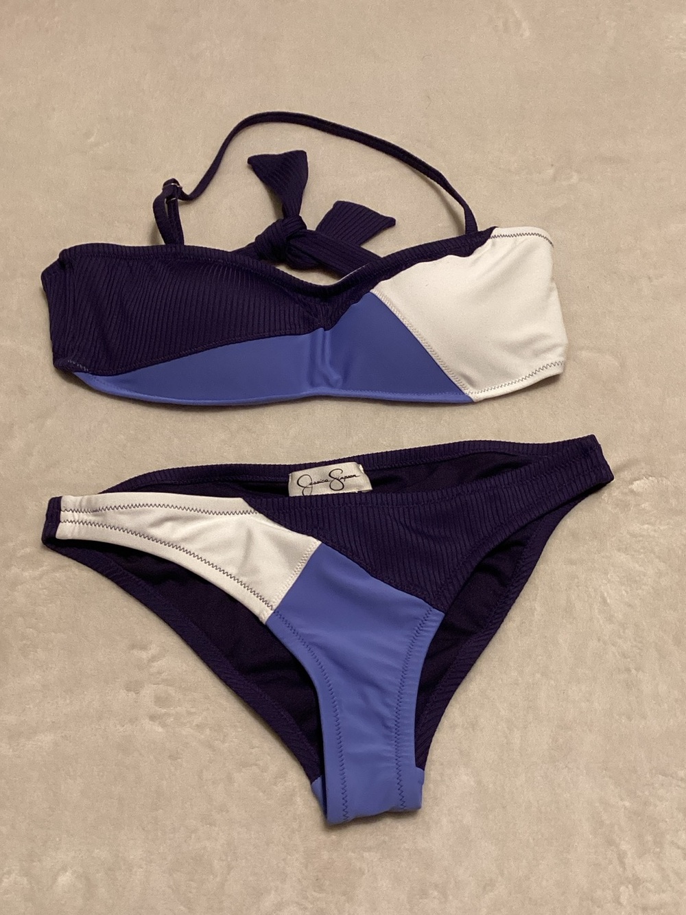 Jessica Simpson Navy, Periwinkle & White Colorblock Bandeau Bikini